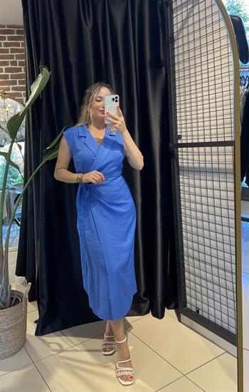 Ceket Yaka Anvelop İndigo Elbise