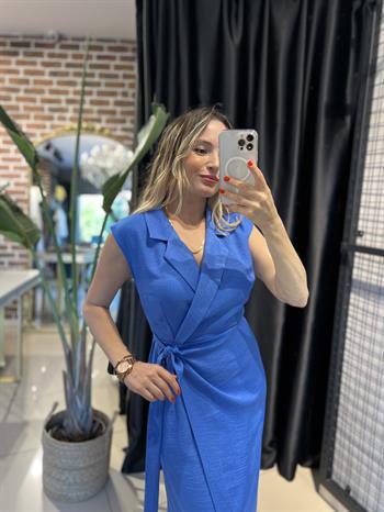 Ceket Yaka Anvelop İndigo Elbise