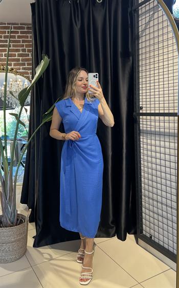 Ceket Yaka Anvelop İndigo Elbise