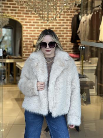 Ceket Yaka Bej Peluş Kürk