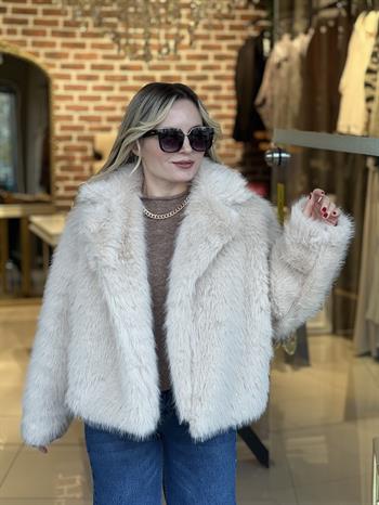 Ceket Yaka Bej Peluş Kürk