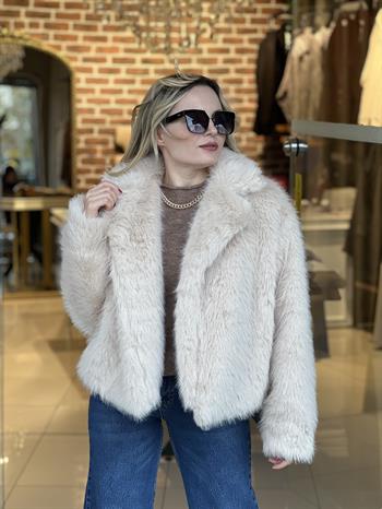 Ceket Yaka Bej Peluş Kürk