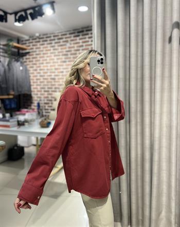 Cep Detaylı Bordo Gabardin Gömlek