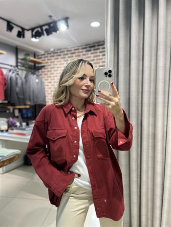 Cep Detaylı Bordo Gabardin Gömlek