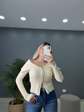 Çift Fermuarlı Fitilli Crop Hırka