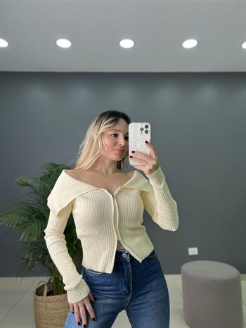 Çift Fermuarlı Fitilli Crop Hırka