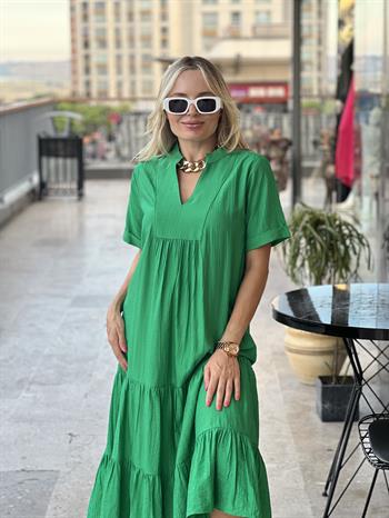 Çimen Yeşili Krinkıl İpek Keten Elbise