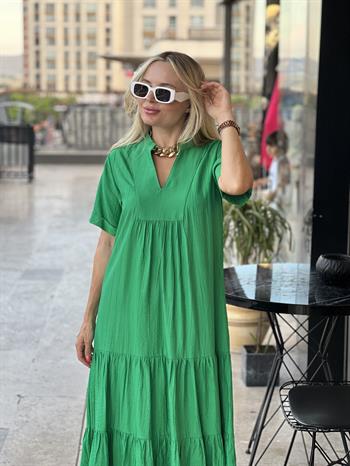 Çimen Yeşili Krinkıl İpek Keten Elbise