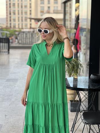 Çimen Yeşili Krinkıl İpek Keten Elbise