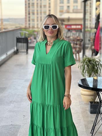 Çimen Yeşili Krinkıl İpek Keten Elbise