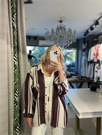 Çizgili Cep Detaylı Mürdüm Oversize Gömlek