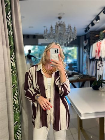Çizgili Cep Detaylı Mürdüm Oversize Gömlek