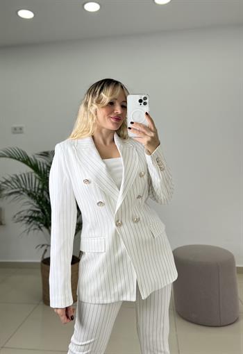 Çizgili Ekru Takım Elbise 