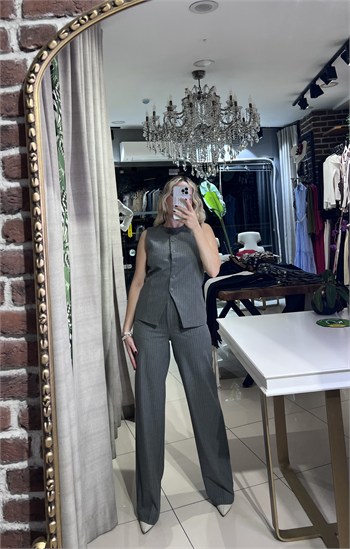 Çizgili Gri Yelek Pantolon Takım