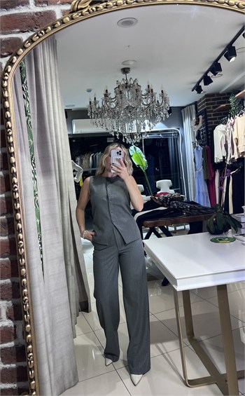 Çizgili Gri Yelek Pantolon Takım