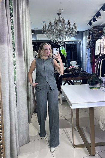 Çizgili Gri Yelek Pantolon Takım