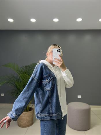 Denim Detaylı Tasarım Beyaz Sweatshırt