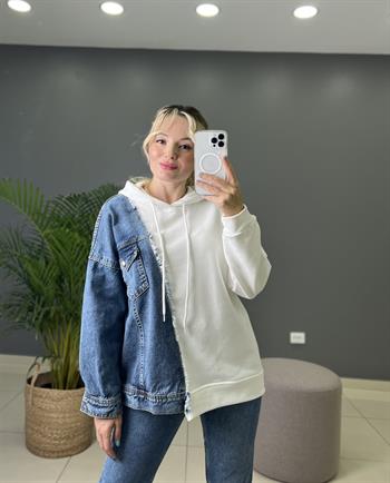 Denim Detaylı Tasarım Beyaz Sweatshırt