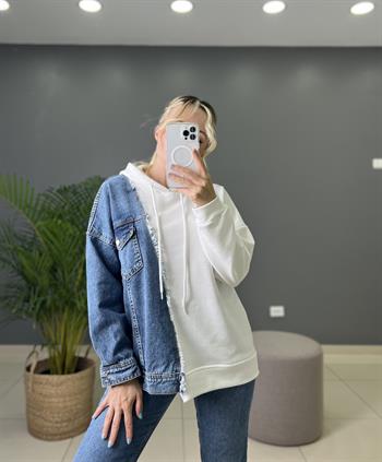 Denim Detaylı Tasarım Beyaz Sweatshırt