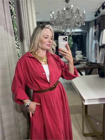 Deri Kemerli Keten Fuşya Elbise