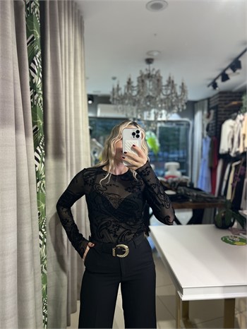 Desenli Siyah Tül Transparan Bluz
