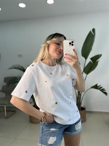 Dilvin Kuşgözü Detaylı Tok Dokuda Beyaz Tişört