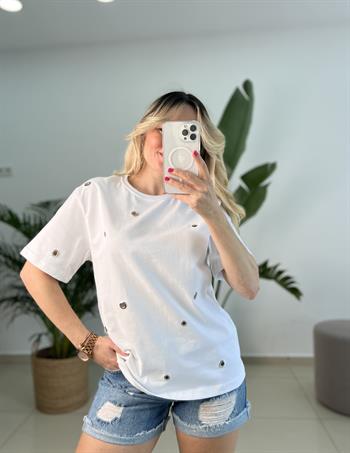 Dilvin Kuşgözü Detaylı Tok Dokuda Beyaz Tişört