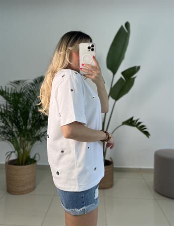 Dilvin Kuşgözü Detaylı Tok Dokuda Beyaz Tişört