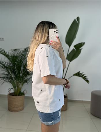 Dilvin Kuşgözü Detaylı Tok Dokuda Beyaz Tişört