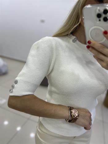 Dilvin Yumoş Taşlı Ekru Triko Kazak