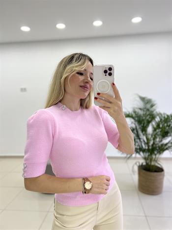 Dilvin Yumoş Taşlı Pembe Triko Kazak