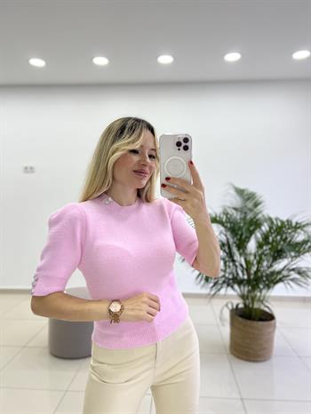 Dilvin Yumoş Taşlı Pembe Triko Kazak
