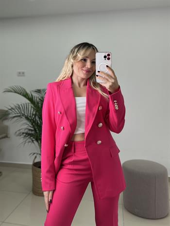 Düğme Detaylı Blazer Ceketli Fuşya Takım Elbise 