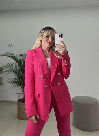 Düğme Detaylı Blazer Ceketli Fuşya Takım Elbise 