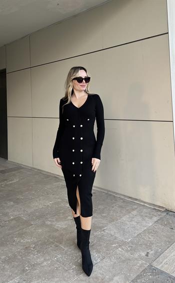 Düğme Detaylı Siyah Triko Elbise 