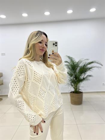 Ekru Ajur Desen Triko