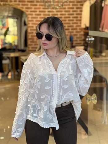 Ekru Çiçek Desenli Jakarlı Gömlek