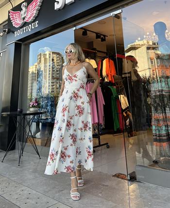 Ekru Çiçek Desenli Keten Elbise