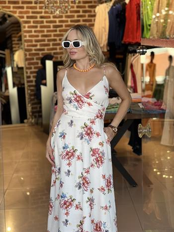 Ekru Çiçek Desenli Keten Elbise