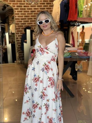 Ekru Çiçek Desenli Keten Elbise