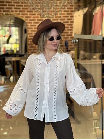 Ekru Dantel Detaylı Bohem Gömlek