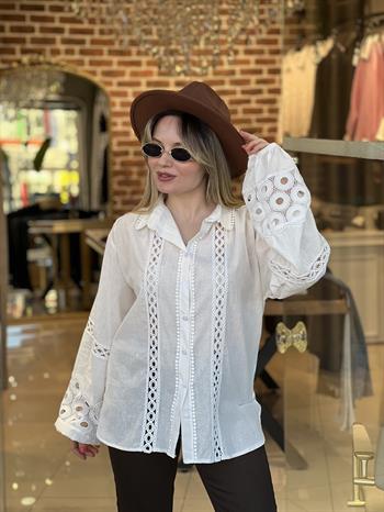 Ekru Dantel Detaylı Bohem Gömlek