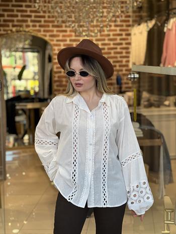 Ekru Dantel Detaylı Bohem Gömlek