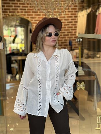 Ekru Dantel Detaylı Bohem Gömlek