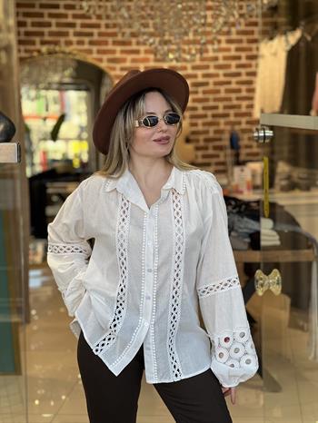 Ekru Dantel Detaylı Bohem Gömlek