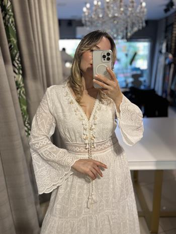 Ekru Dantel Detaylı V Yaka Brodeli Elbise