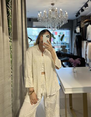 Ekru Desenli Keten Gömlek-Pantolon Takım