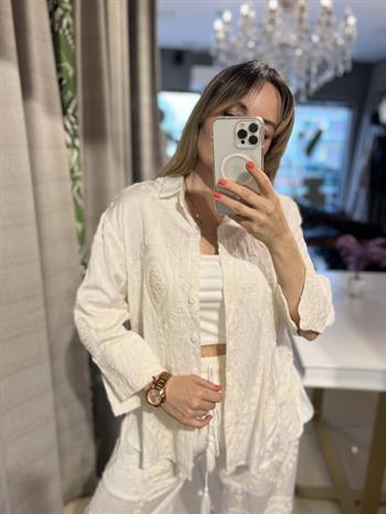 Ekru Desenli Keten Gömlek-Pantolon Takım