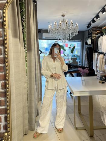 Ekru Desenli Keten Gömlek-Pantolon Takım