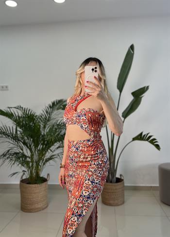 Etnik Desenli Dekolteli Elbise